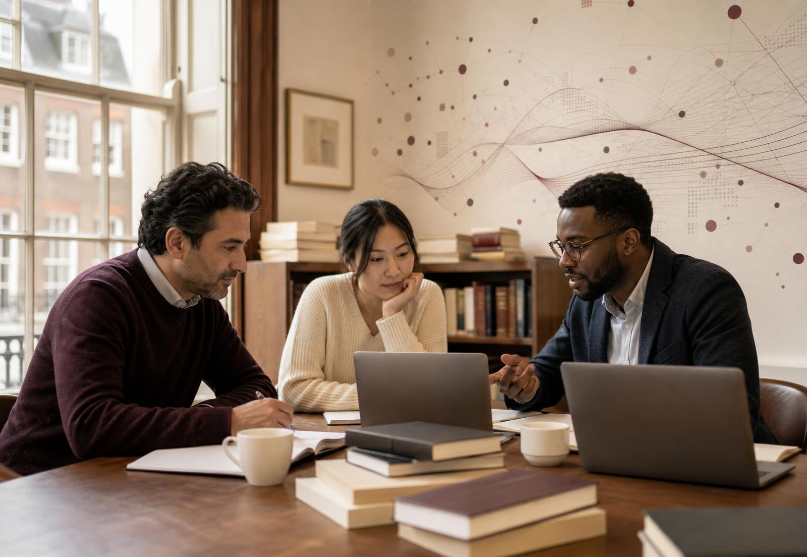 Three professionals discussing AI around laptops in a naturally lit London study room, with subtle data-network motifs in the background
